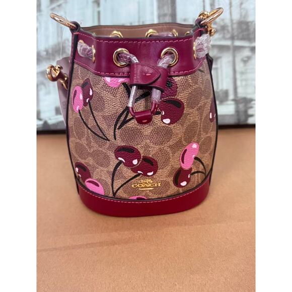 Coach CY738 Mini Bucket Bag In Signature Canvas With Cherry Print IN TAN MULT! - Picture 1 of 6